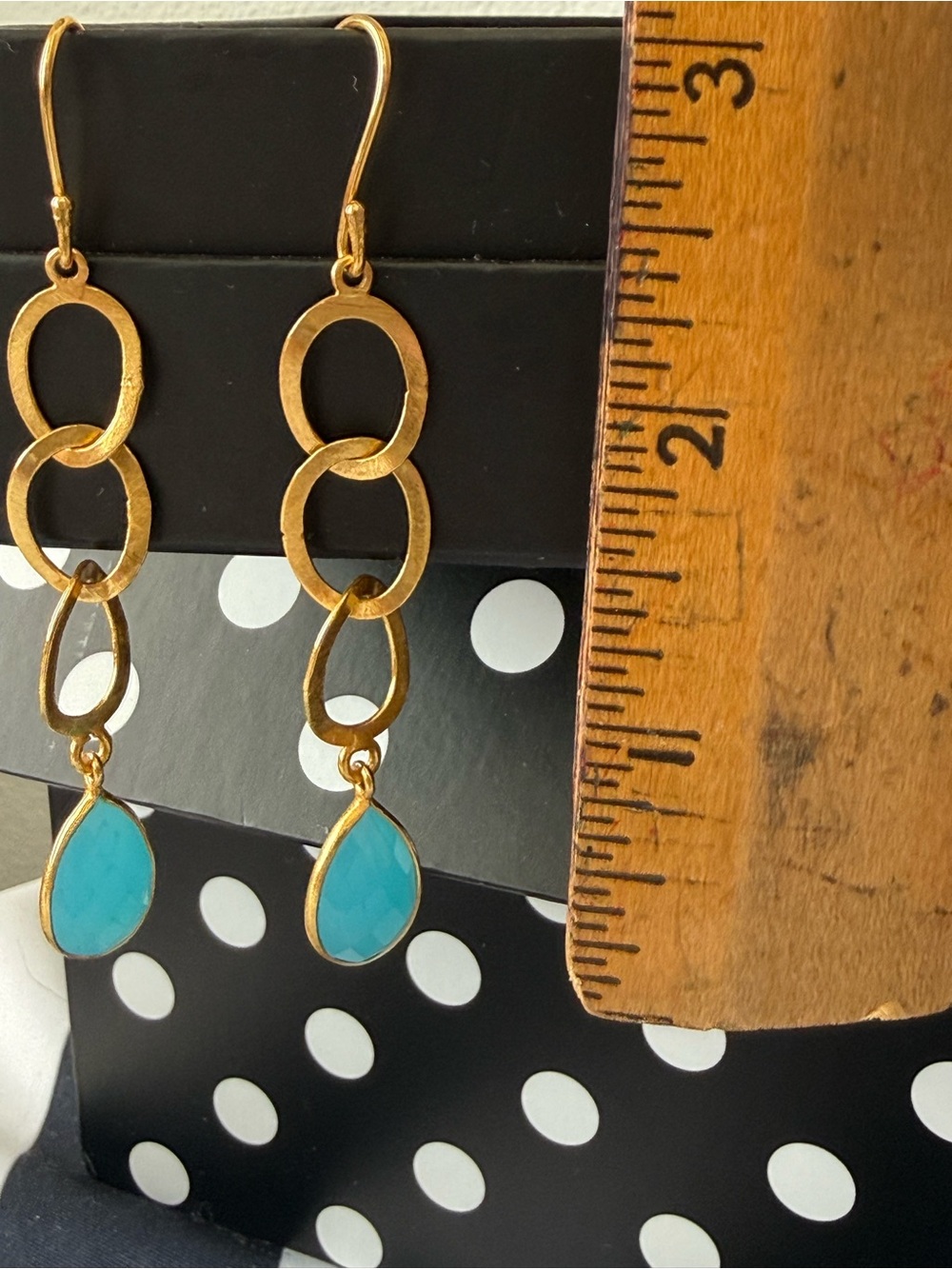 Gold Link Earrings with Blue  tone quartz Teardrop Dangles